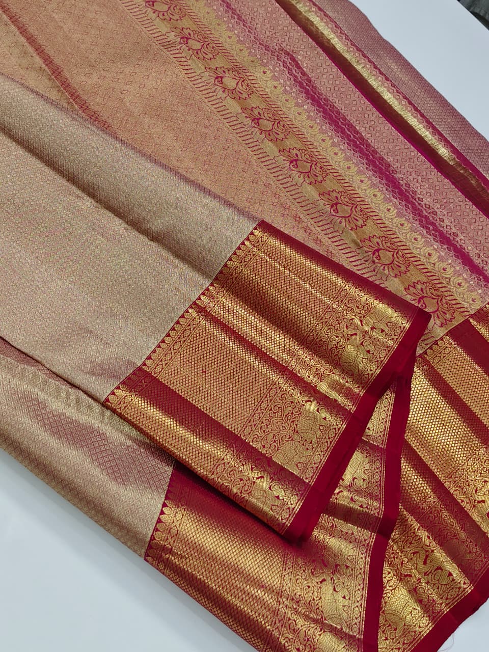 Champagne Gold Bridal Kanchipuram Silk Brocade Saree.